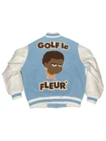 Rear view of the Tyler the Creator Golf varsity jacket in dark green and cream with the Lacoste Golf le Fleur patch.