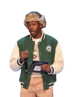Tyler The Creator letterman jacket, green and cream with Golf Le Fleur Lacoste logo on front.