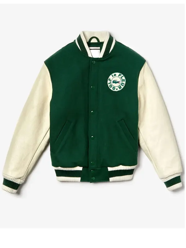 Tyler the Creator letterman jacket front of the Tyler The Creator Varsity Jacket, light blue and white, with a large GOLF le FLEUR* character design.