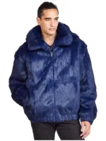 Mens Navy Blue Vegan Fur Hooded Bomber Jacket