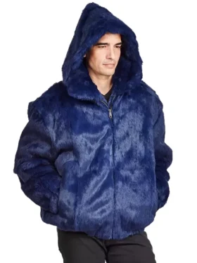 Mens Navy Blue Vegan Fur Hooded Bomber Jacket