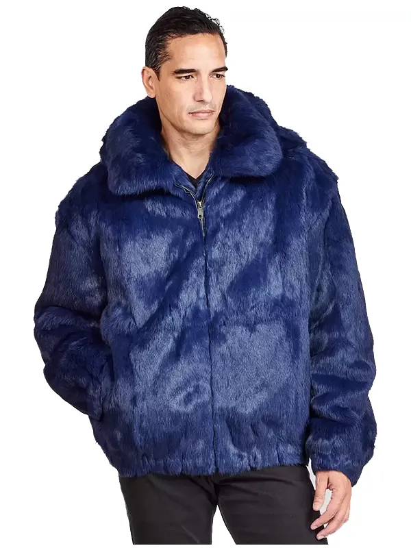Vegan Fur Bomber Hooded Jacket Mens Navy Blue Vegan Fur Hooded Bomber Jacket