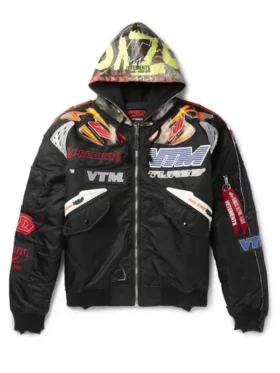 Black Vetements x Alpha Industries logo racing jacket featuring "VTM TURBO" text and a colorful graphic hood.