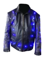 Front view of the black leather Chris Jericho light up Y2J jacket featuring studs and glowing blue lights.