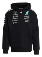 Formula One Team Adidas hoodie Front view of the Mercedes AMG Petronas Hoodie black with all the main sponsor logos visible.