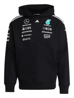 Formula One Team Adidas hoodie Front view of the Mercedes AMG Petronas Hoodie black with all the main sponsor logos visible.