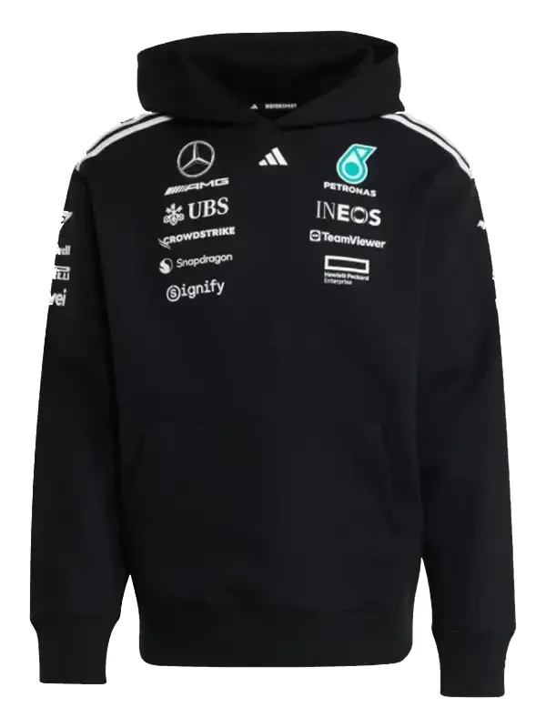 black Mercedes AMG Petronas hoodie Formula One Team Adidas hoodie Front view of the Mercedes AMG Petronas Hoodie black with all the main sponsor logos visible.