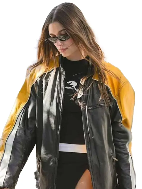 celebrity inspired Hailey Bieber yellow jacket Hailey Biebers Hailey Bieber Yellow Leather Jacket airport look, a cropped biker style.