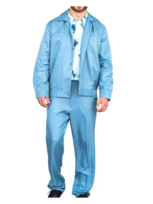 Cousin Eddie Christmas Vacation powder blue leisure suit front view showing jacket with wide collar and matching high-waisted trousers on model at TV Jackets