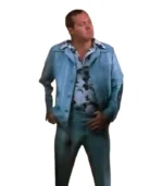 Randy Quaid as Cousin Eddie full body view in powder blue leisure suit with high-waisted trousers and patterned shirt from National Lampoon Christmas Vacation