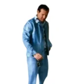 Randy Quaid as Cousin Eddie full length view in powder blue leisure suit showing jacket and high-waisted matching trousers from National Lampoon Christmas Vacation