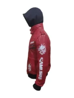 Diagonal side view of the hooded cyberpunk 2077 samurai jacket Red. Displays sleeve and lower front graphics. Ideal cyberpunk 2077 samurai merch Red.