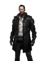 Full-body image of a male character wearing a long black cyberpunk 2077 coat with armor plating. This futuristic cyberpunk Takemura Coat is a stylish samurai coat.