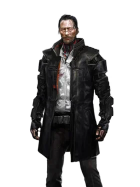 Full-body image of a male character wearing a long black cyberpunk 2077 coat with armor plating. This futuristic cyberpunk Takemura Coat is a stylish samurai coat.