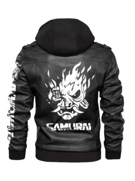 Back view of the black cyberpunk 2077 jacket with a large white flaming Samurai logo. This cyberpunk leather jacket is a of the iconic Johnny Silverhand jacket.