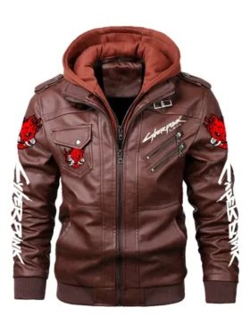 Front view of a brown hooded mens cyberpunk jacket. Features white 'SAMURAI' graphics on the chest and sleeve, inspired by cyberpunk 2077 jackets.