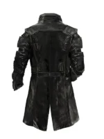 Rear view of a black leather samurai coat with distinct shoulder and back plating, featuring a trench-coat length. A unique cyberpunk 2077 coat design.
