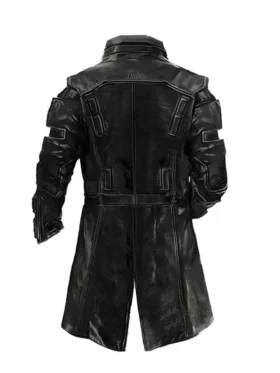 Rear view of a black leather samurai coat with distinct shoulder and back plating, featuring a trench-coat length. A unique cyberpunk 2077 coat design.