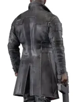 Full-body image of Idris Elba Cyberpunk coat as Solomon Reed from Phantom Liberty. This is the distinctive black Solomon Reed cyberpunk 2077 coat.