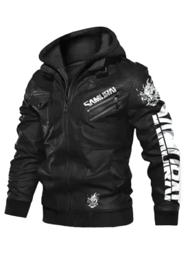 Front view of a black Black Samurai Jacket with a hood, featuring a white 'SAMURAI' logo and dragon art on the chest and sleeve. Inspired by Johnny Silverhand jacket style.