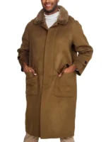 Men's long wool trench coat in a warm brown color, featuring a fur collar and large patch pockets.
