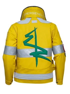 David Martinez cyberpunk jacket cosplay. A vibrant Cyberpunk 2077 David yellow bomber jacket with the "Emergency" collar text.