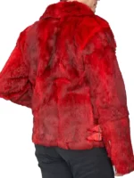 Back view of a stunning red biker jacket with fur collar. Features side adjusters, a great fur biker jacket mens style.