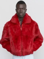 Full frontal view of a red fur faux jacket men with a wide collar. A fashionable faux fur jacket mens in red.