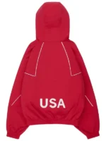 Marty Supreme jacket USA red color back side view showing smooth finish, relaxed fit, and full-coverage sporty silhouette.