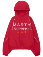 Marty Supreme jacket USA red color front view showing a bold sporty look, clean fit, and streetwear-ready styling.