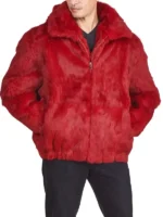 Mens faux fur jacket in vibrant red. Short, bomber-style faux fur jacket men with a collar and zipper closure.