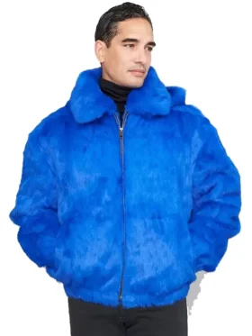 Vibrant Blue Faux Fur Hooded Bomber Jacket with a wide collar over a turtleneck. A stylish fur jacket men for a bold look.