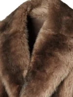 Brown raccoon style faux fur coat mens, a luxurious mens raccoon look faux fur coat with a wide lapel.