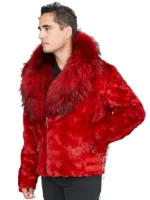 Side profile of a man wearing a red faux fur motorcycle hooded jacket mens. Features a vibrant red color and moto styling.