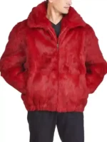Close-up of a men's red fur jacket with a wide collar and a metallic zipper. Excellent mens faux fur jacket option.