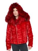 Full frontal shot of a mens red faux fur biker hooded jacket with a large, fluffy red hood and multiple zippers.