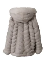 Back view of men's white faux fur coat with hood featuring a chevron pattern; a warm mens white hooded fluffy faux fur coat.