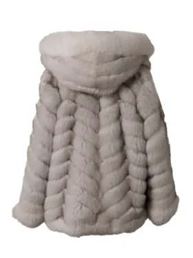Back view of men's white faux fur coat with hood featuring a chevron pattern; a warm mens white hooded fluffy faux fur coat.