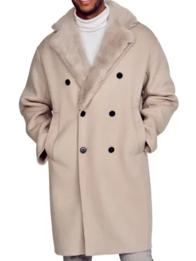 Double-breasted men's wool trench coat for men, in a neutral beige shade, offering a warm and long fit.
