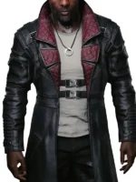 Full-body image of Idris Elba Cyberpunk coat as Solomon Reed from Phantom Liberty. This is the distinctive black Solomon Reed cyberpunk 2077 Solomon Reed Coat