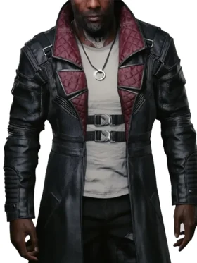 Full-body image of Idris Elba Cyberpunk coat as Solomon Reed from Phantom Liberty. This is the distinctive black Solomon Reed cyberpunk 2077 Solomon Reed Coat