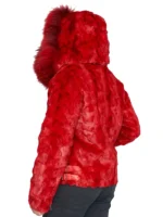 Back view of a red jacket with a visible hood and side buckles. This is a bold red faux fur zip up moto hoodie jacket.