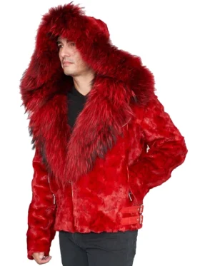 Profile view of a mens red hooded faux fur moto coat with a distinctive, oversized red fur collar.