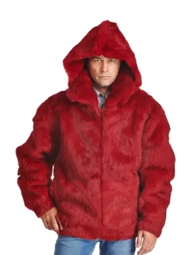 Men's red fur Hooded Bomber Jacket with a hood. This is a hooded red fur jacket mens, a statement piece for cold weather.