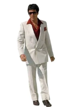 Scarface White Suit worn by Tony Montana with a deep red collared shirt, an iconic movie outfit.