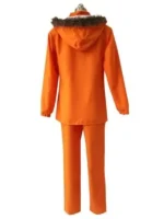 Closeup of South Park Kenny cosplay jacket collar with buckle and faux fur hood trim