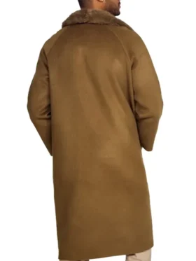 Back view of the men's long wool trench coat in a rich brown color, showcasing the full length design.