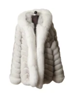 Luxurious white hooded faux fur winter coat mens with plush trim, an ideal mens white hooded faux fur coat for winter.