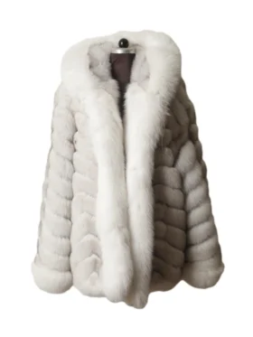 Luxurious white hooded faux fur winter coat mens with plush trim, an ideal mens white hooded faux fur coat for winter.