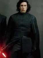 Adam Driver as Kylo Ren wearing a dark black textured jacket with a high collar.